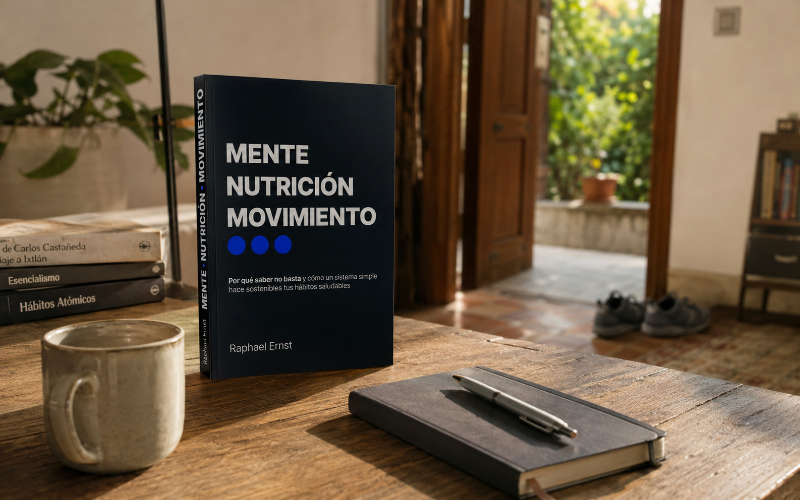 Libro Mente Nutrición Movimiento sobre una mesa de madera en un hogar tranquilo